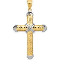 14K Yellow Gold and White Rhodium Greek Key Cross Pendant - 53mm in Length by Oro Pregiato