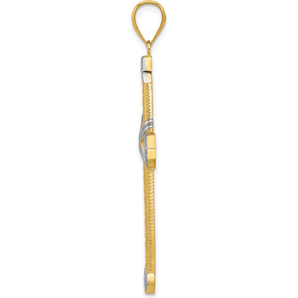 14K Yellow Gold and White Rhodium Greek Key Cross Pendant - 53mm in Length by Oro Pregiato
