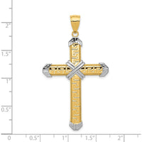 14K Yellow Gold and White Rhodium Greek Key Cross Pendant - 53mm in Length by Oro Pregiato