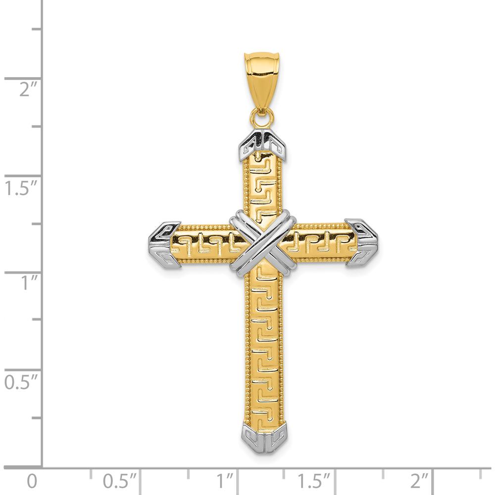 14K Yellow Gold and White Rhodium Greek Key Cross Pendant - 53mm in Length by Oro Pregiato
