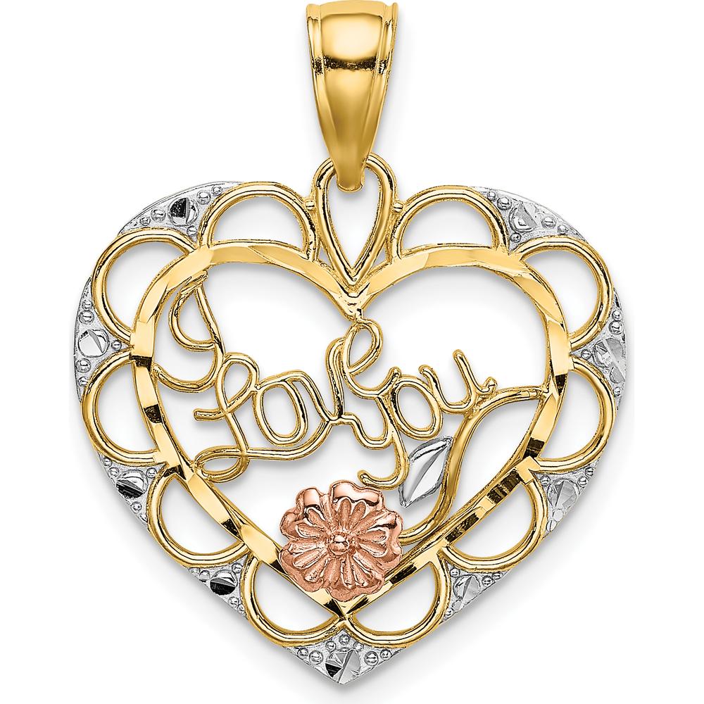 14K Yellow Gold and White Rhodium "I Love You" Heart Pendant with Rose Gold Flower Charm - 23.3mm Length by Oro Pregiato