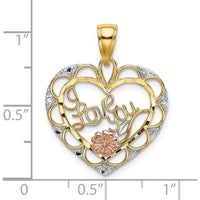 14K Yellow Gold and White Rhodium "I Love You" Heart Pendant with Rose Gold Flower Charm - 23.3mm Length by Oro Pregiato