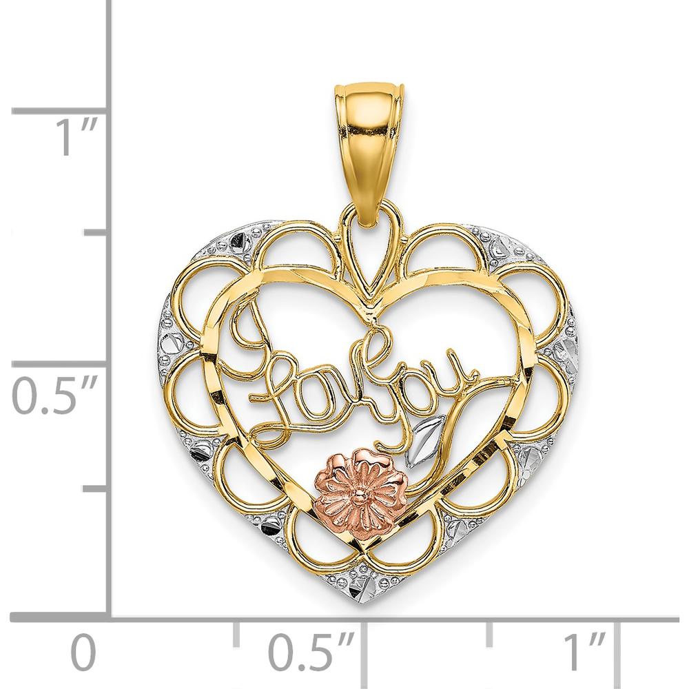 14K Yellow Gold and White Rhodium "I Love You" Heart Pendant with Rose Gold Flower Charm - 23.3mm Length by Oro Pregiato