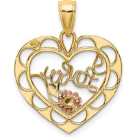14K Yellow Gold and White Rhodium "I Love You" Heart Pendant with Rose Gold Flower Charm - 23.3mm Length by Oro Pregiato