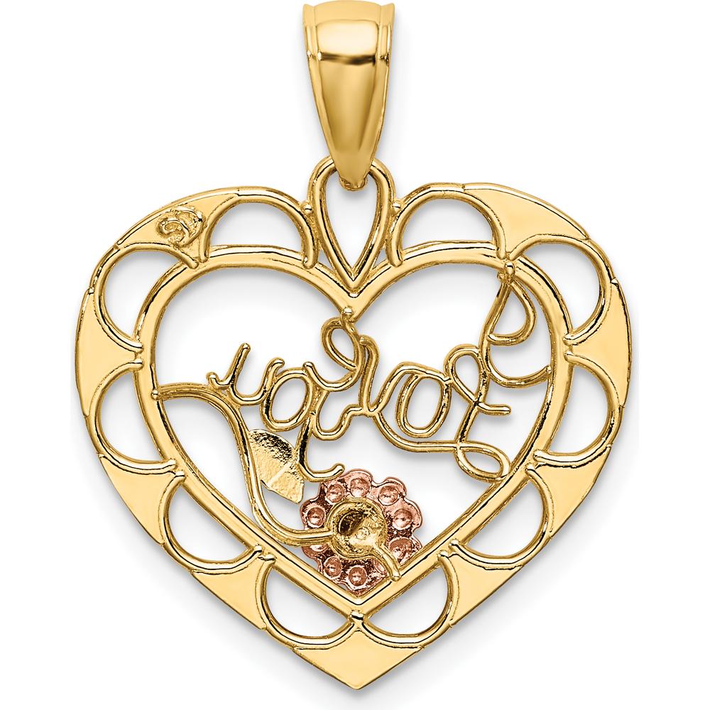 14K Yellow Gold and White Rhodium "I Love You" Heart Pendant with Rose Gold Flower Charm - 23.3mm Length by Oro Pregiato