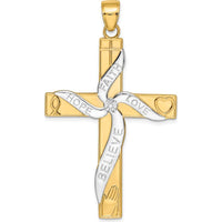 14K Yellow Gold and White Rhodium Large "HOPE FAITH LOVE BELIEVE" Cross Pendant by Oro Pregiato