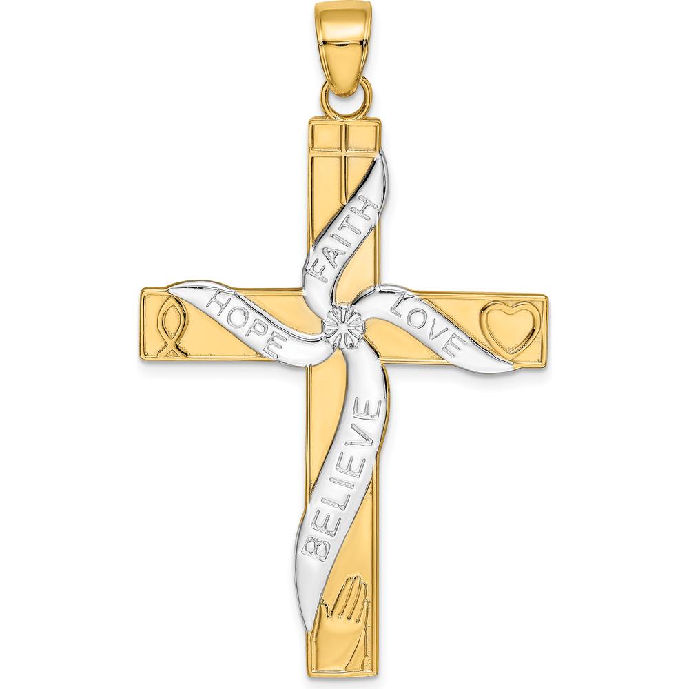 14K Yellow Gold and White Rhodium Large "HOPE FAITH LOVE BELIEVE" Cross Pendant by Oro Pregiato