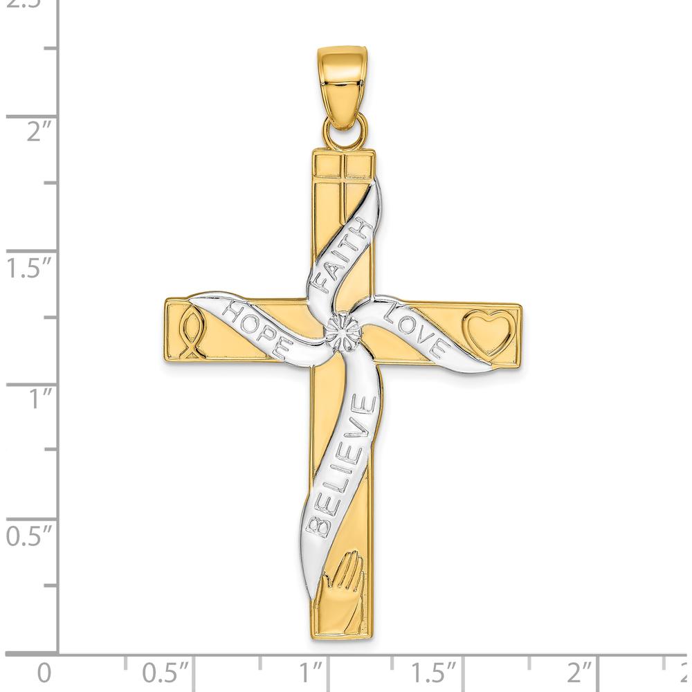 14K Yellow Gold and White Rhodium Large "HOPE FAITH LOVE BELIEVE" Cross Pendant by Oro Pregiato
