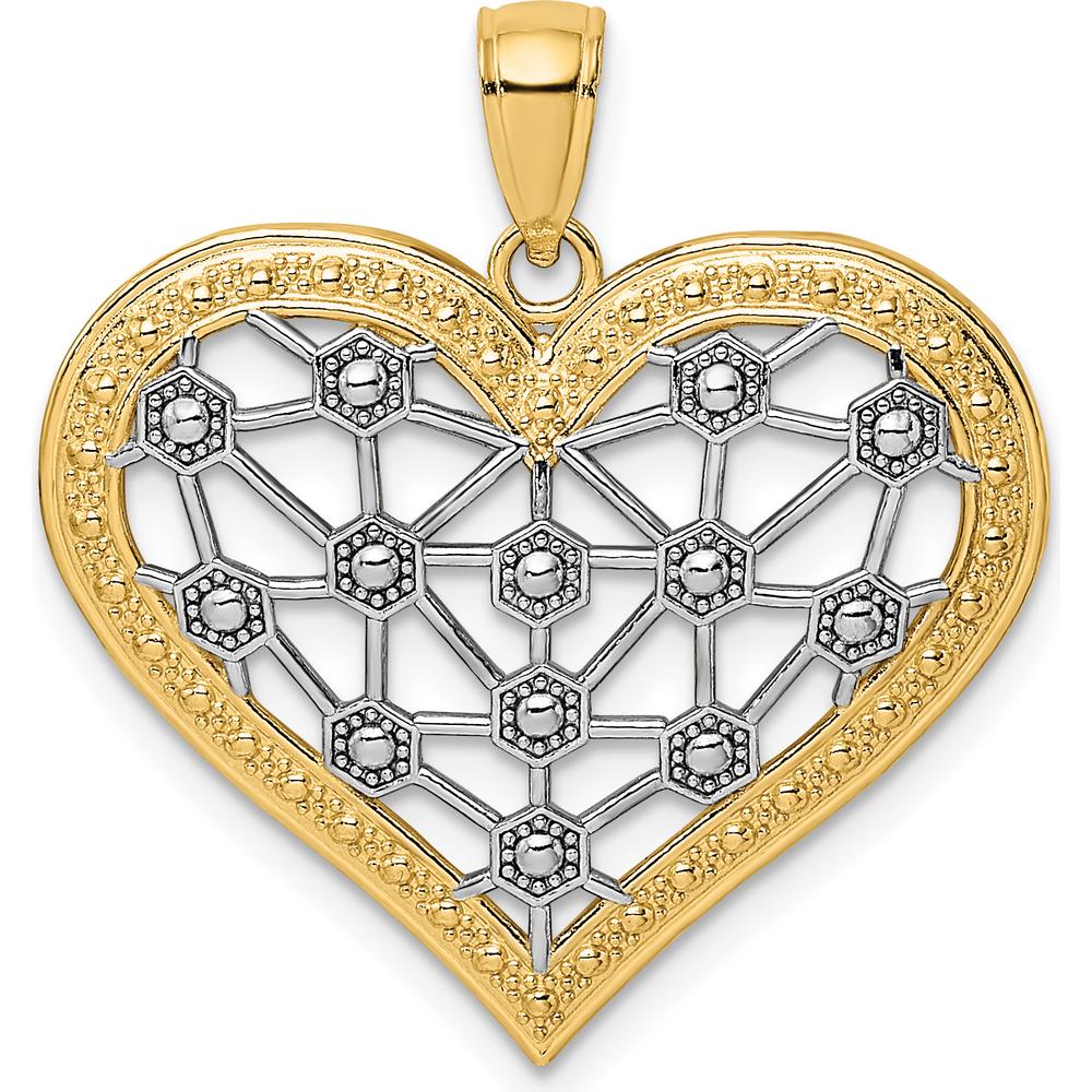 14K Yellow Gold and White Rhodium Lattice Heart Pendant Charm - 26.5mm Length by Oro Pregiato