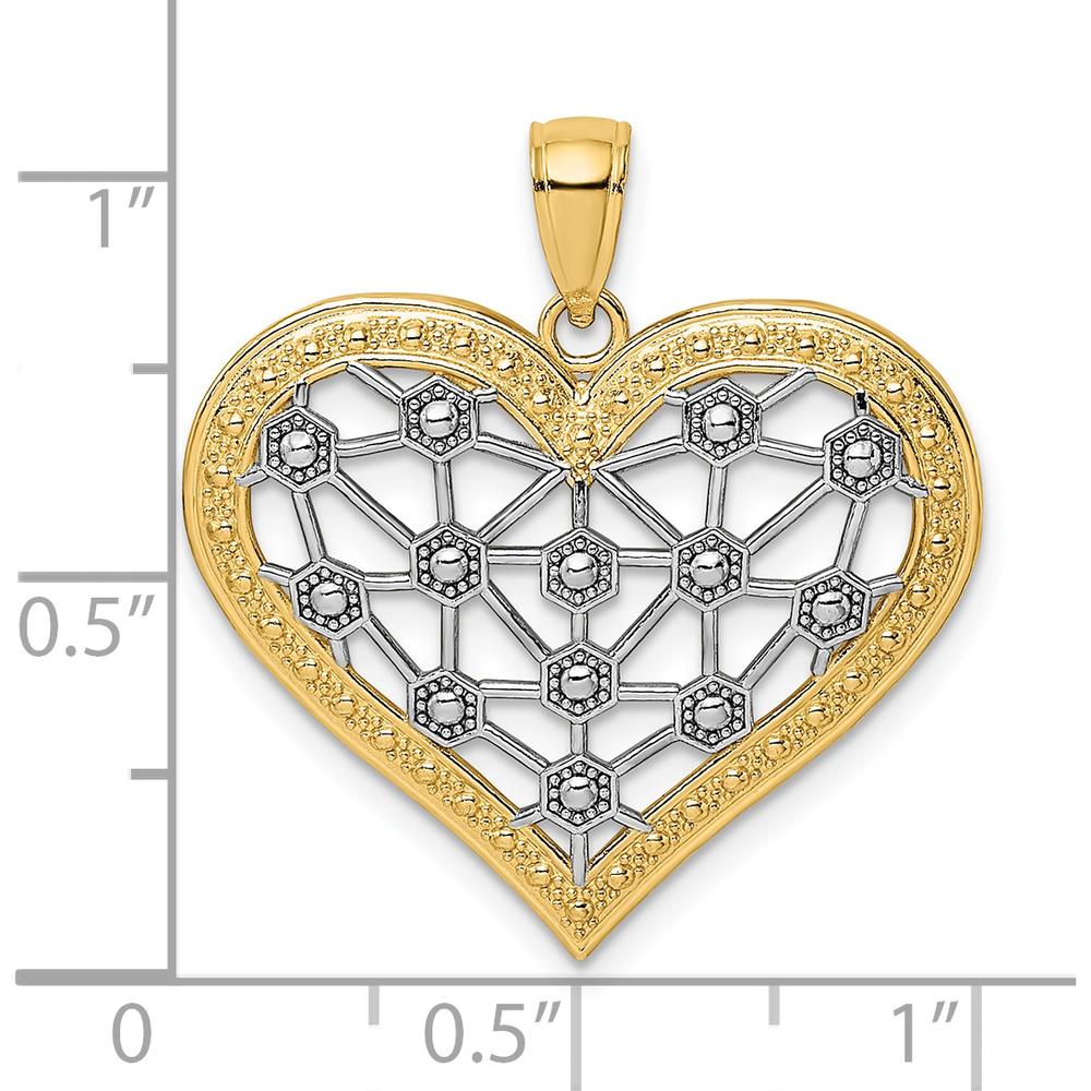 14K Yellow Gold and White Rhodium Lattice Heart Pendant Charm - 26.5mm Length by Oro Pregiato