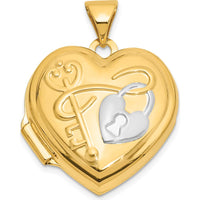 14K Yellow Gold and White Rhodium Lock and Key Reversible Heart Locket Pendant with Space for Two Heart-Shaped Photos by Oro Pregiato