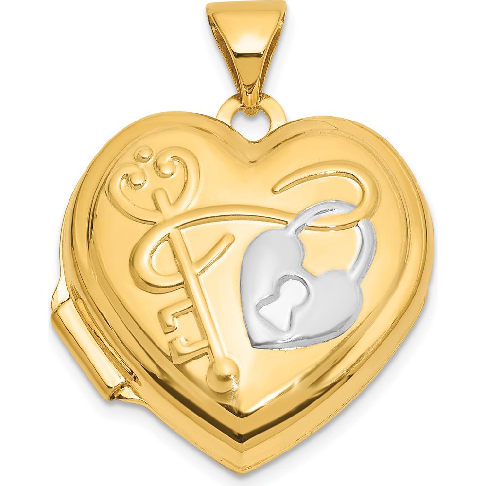 14K Yellow Gold and White Rhodium Lock and Key Reversible Heart Locket Pendant with Space for Two Heart-Shaped Photos by Oro Pregiato