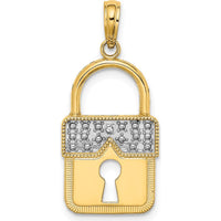 14K Yellow Gold and White Rhodium Lock Charm with Textured Finish - 26.85mm Length by Oro Pregiato