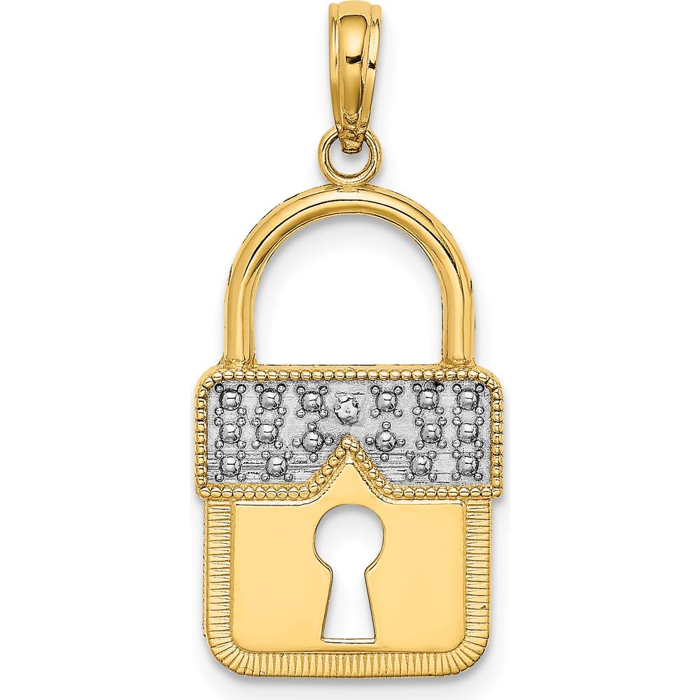 14K Yellow Gold and White Rhodium Lock Charm with Textured Finish - 26.85mm Length by Oro Pregiato