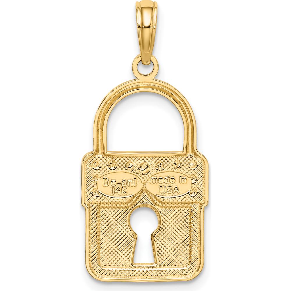 14K Yellow Gold and White Rhodium Lock Charm with Textured Finish - 26.85mm Length by Oro Pregiato