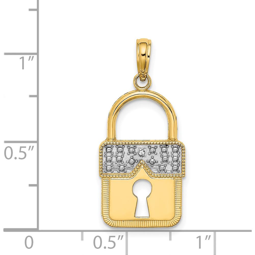 14K Yellow Gold and White Rhodium Lock Charm with Textured Finish - 26.85mm Length by Oro Pregiato