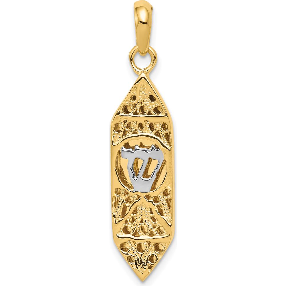 14K Yellow Gold and White Rhodium Mezuzah Pendant with Shin Charm - 38mm Length by Oro Pregiato