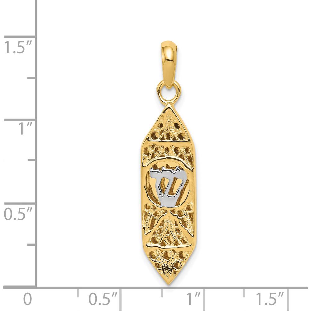 14K Yellow Gold and White Rhodium Mezuzah Pendant with Shin Charm - 38mm Length by Oro Pregiato