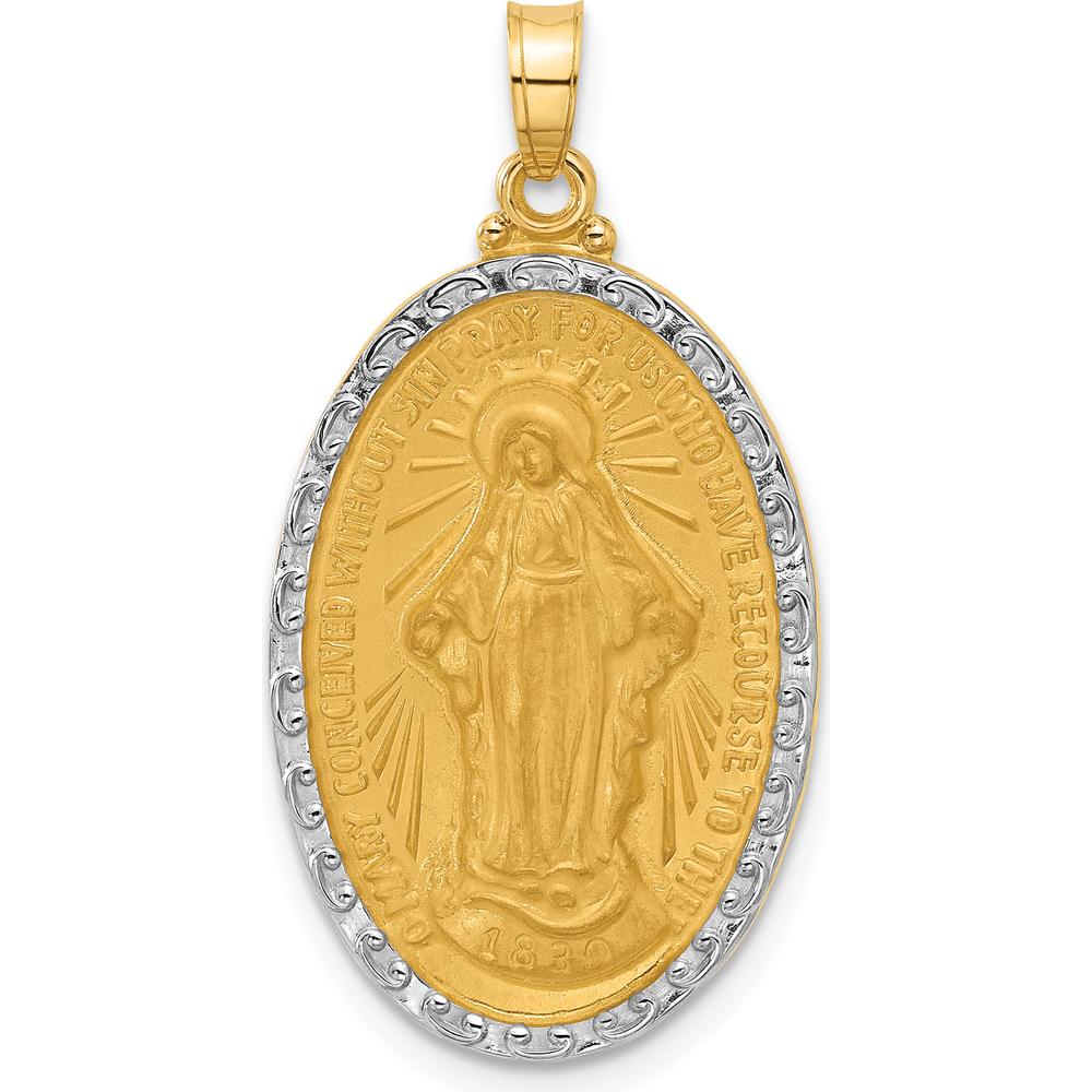 14K Yellow Gold and White Rhodium Miraculous Medal Oval Pendant - 33mm Length by Oro Pregiato