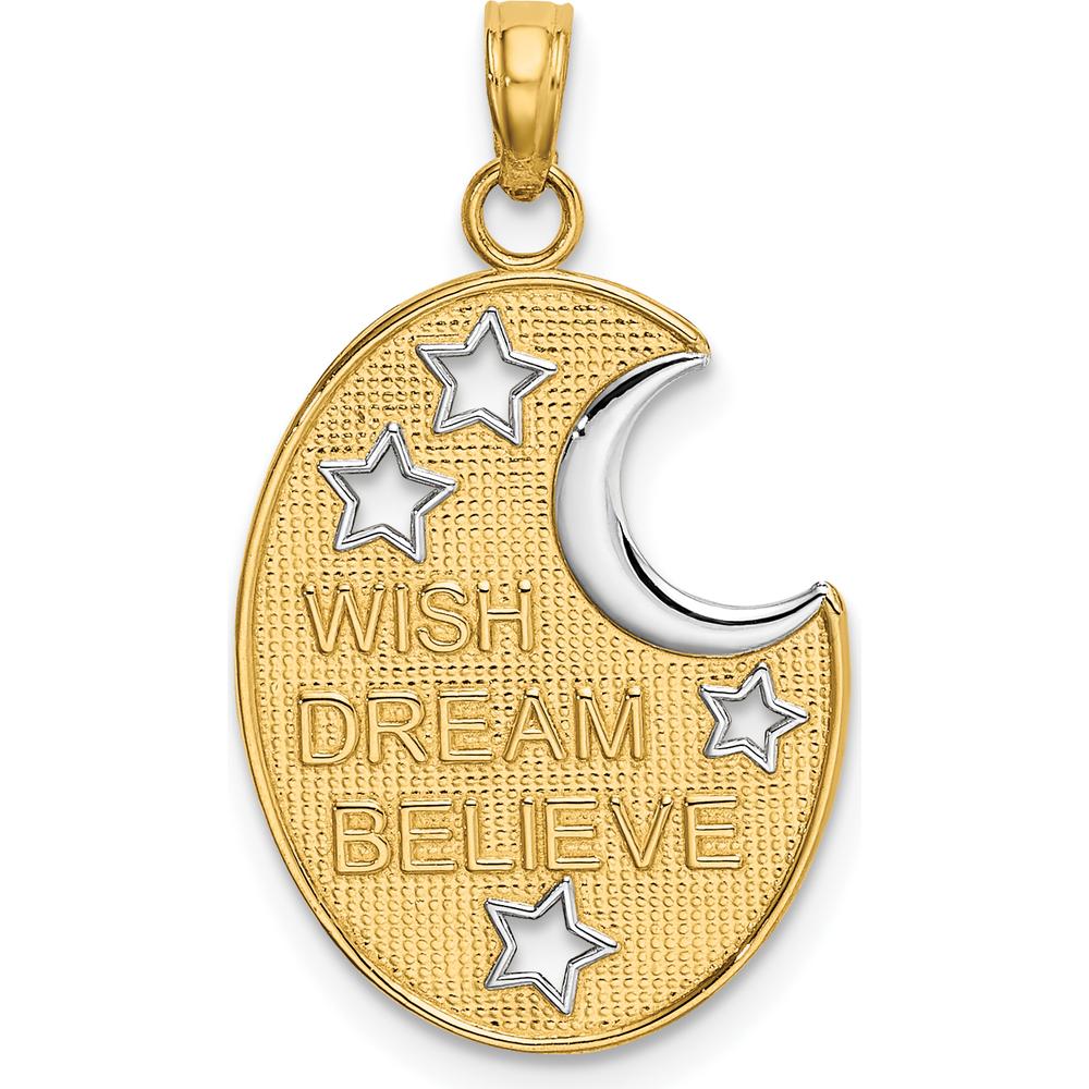 14K Yellow Gold and White Rhodium Moon and Stars Charm - Inspirational WISH DREAM BELIEVE Pendant by Oro Pregiato