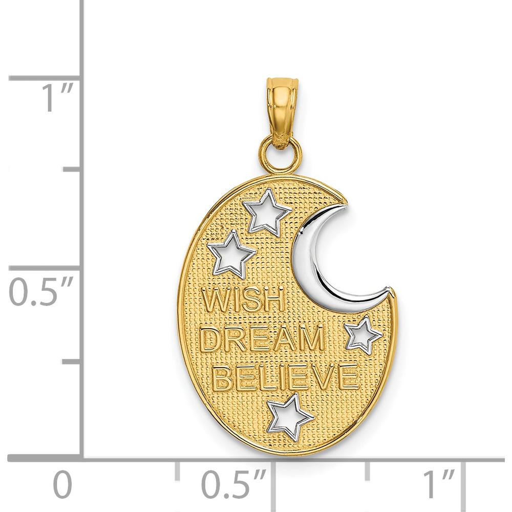14K Yellow Gold and White Rhodium Moon and Stars Charm - Inspirational WISH DREAM BELIEVE Pendant by Oro Pregiato