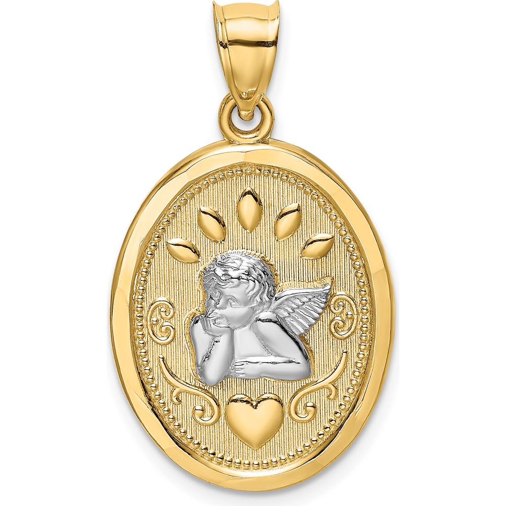 14K Yellow Gold and White Rhodium Oval Cherub with Heart Charm by Oro Pregiato