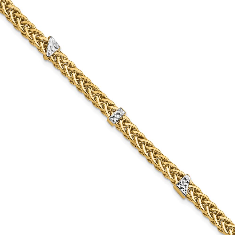 14K Yellow Gold and White Rhodium Polished 3.6mm Diamond-Cut Flat Wheat 7.5" Bracelet by 0
