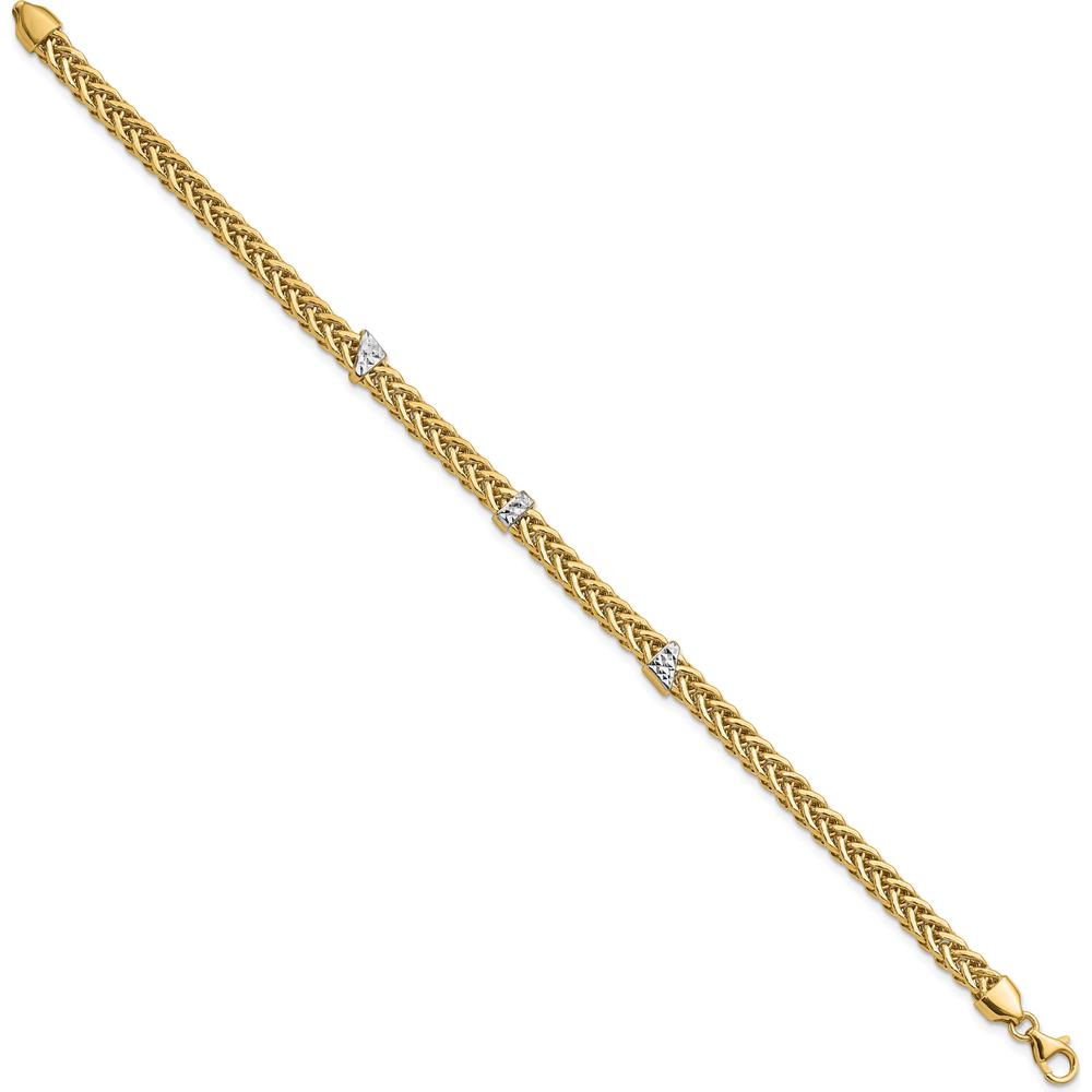 14K Yellow Gold and White Rhodium Polished 3.6mm Diamond-Cut Flat Wheat 7.5" Bracelet by 0