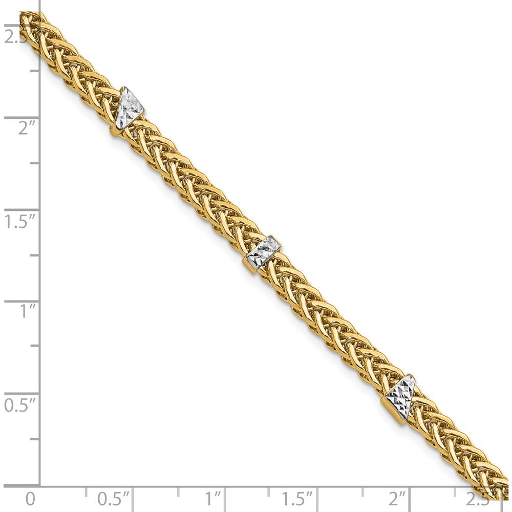 14K Yellow Gold and White Rhodium Polished 3.6mm Diamond-Cut Flat Wheat 7.5" Bracelet by 0