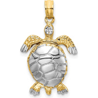 14K Yellow Gold and White Rhodium Polished 3D Sea Turtle Charm with Moveable Head and Legs - Textured Design by Oro Pregiato