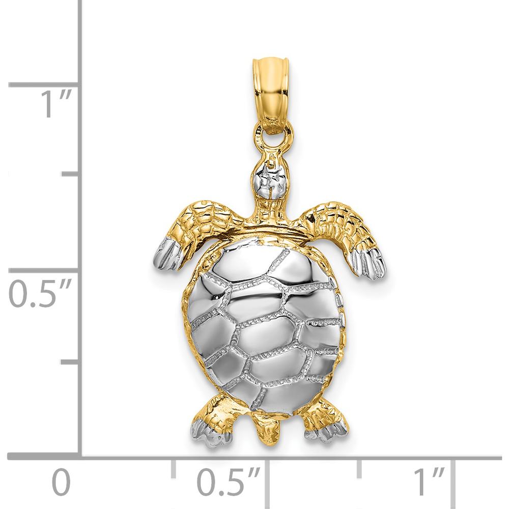 14K Yellow Gold and White Rhodium Polished 3D Sea Turtle Charm with Moveable Head and Legs - Textured Design by Oro Pregiato