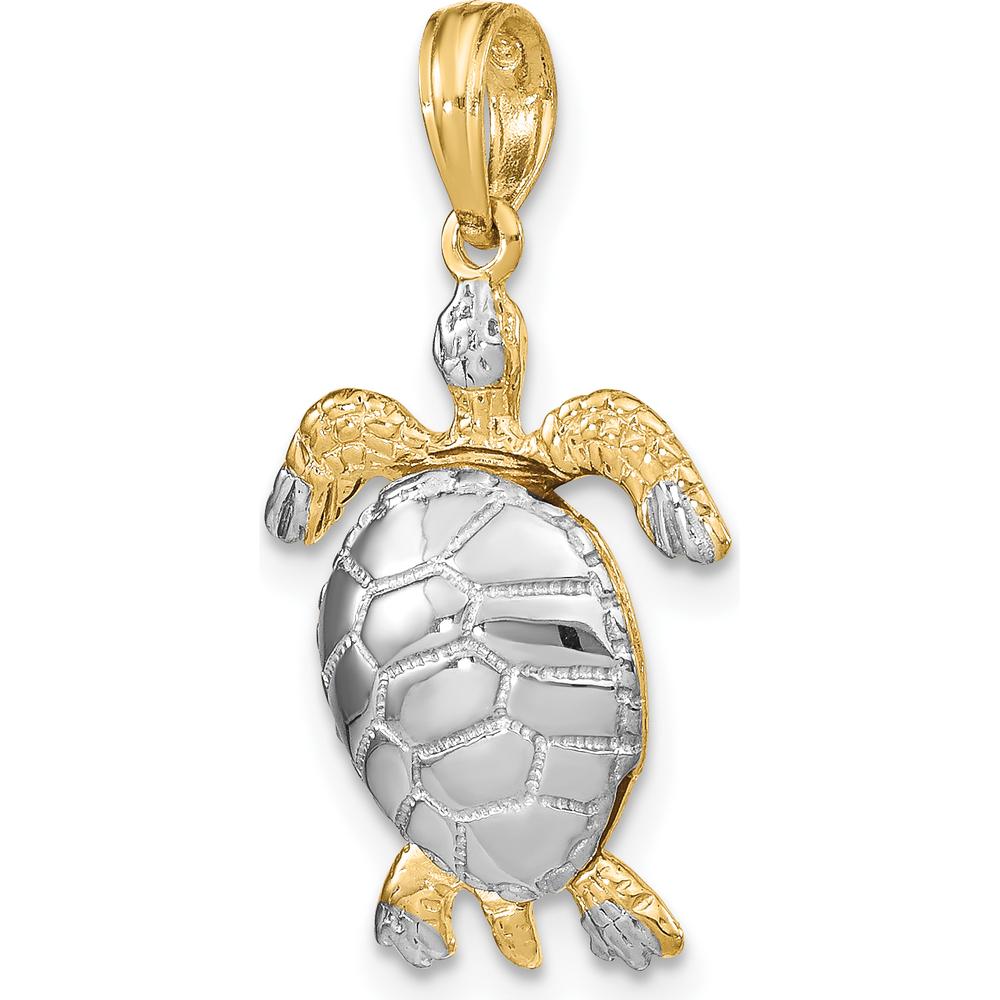 14K Yellow Gold and White Rhodium Polished 3D Sea Turtle Charm with Moveable Head and Legs - Textured Design by Oro Pregiato