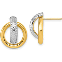 14K Yellow Gold and White Rhodium Polished and Diamond-cut Doorknocker Post Earrings by 0