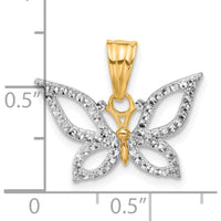 14K Yellow Gold and White Rhodium Polished Butterfly Pendant with Diamond-Cut Texture by Oro Pregiato