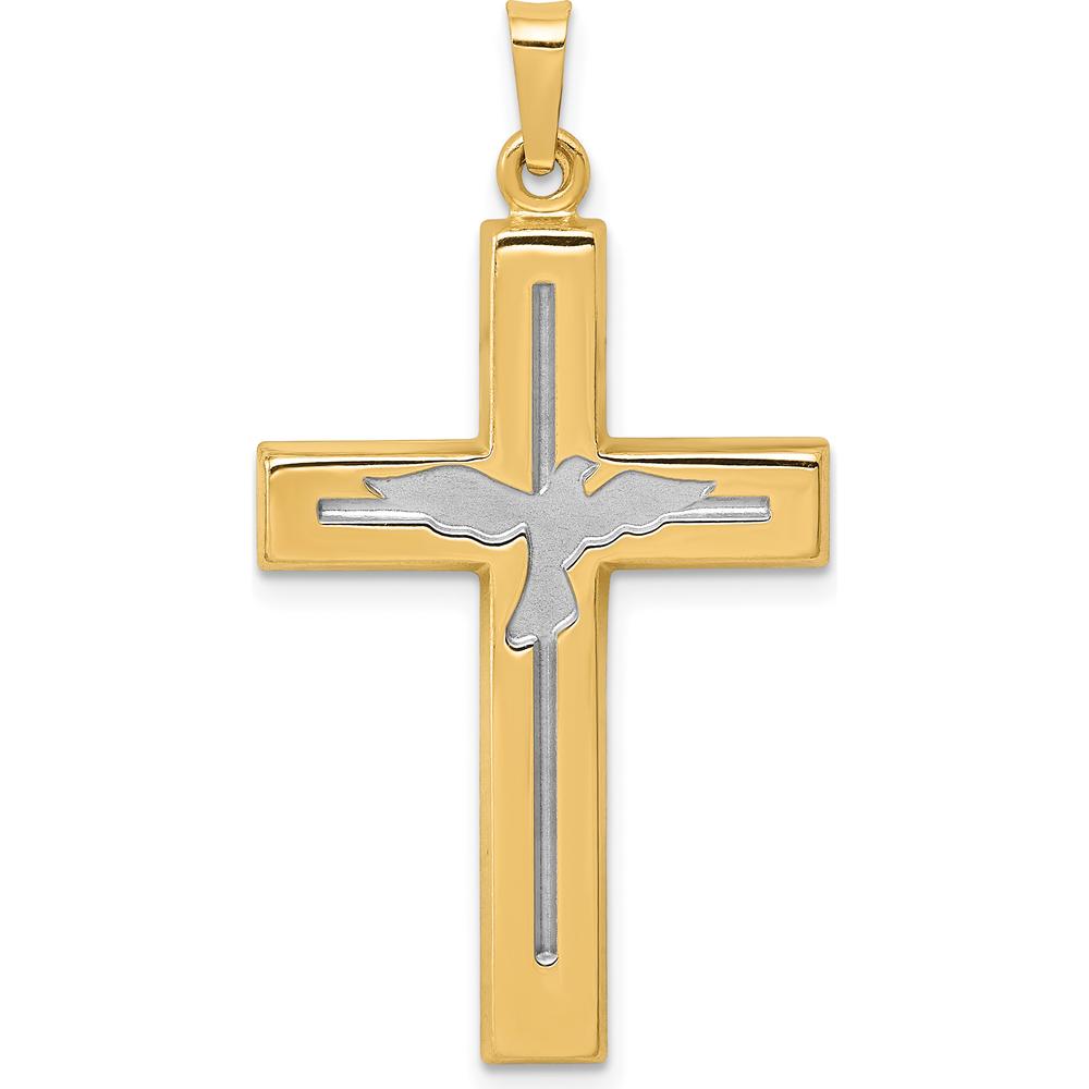14K Yellow Gold and White Rhodium Polished Cross with Dove Pendant - 37.19mm by Oro Pregiato