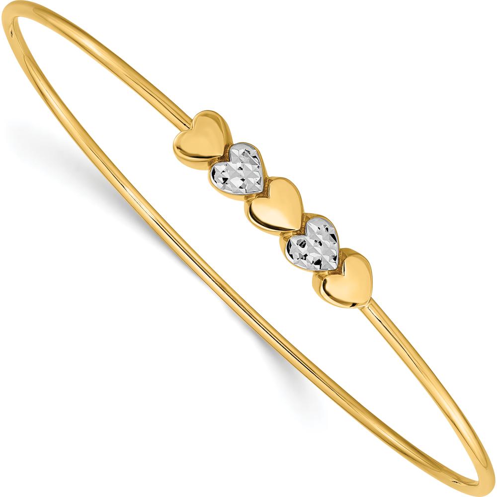 14K Yellow Gold and White Rhodium Polished Diamond-cut Hearts Slip-on Bangle Bracelet - 7.5in by Oro Pregiato