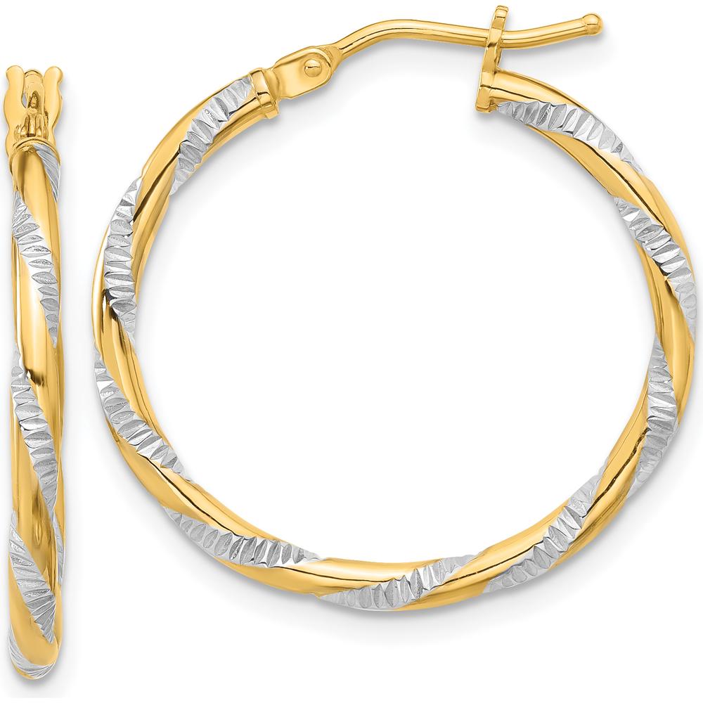 14K Yellow Gold and White Rhodium Polished Diamond-Cut Hoop Earrings - 23.8mm Length by 0