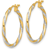 14K Yellow Gold and White Rhodium Polished Diamond-Cut Hoop Earrings - 23.8mm Length by 0