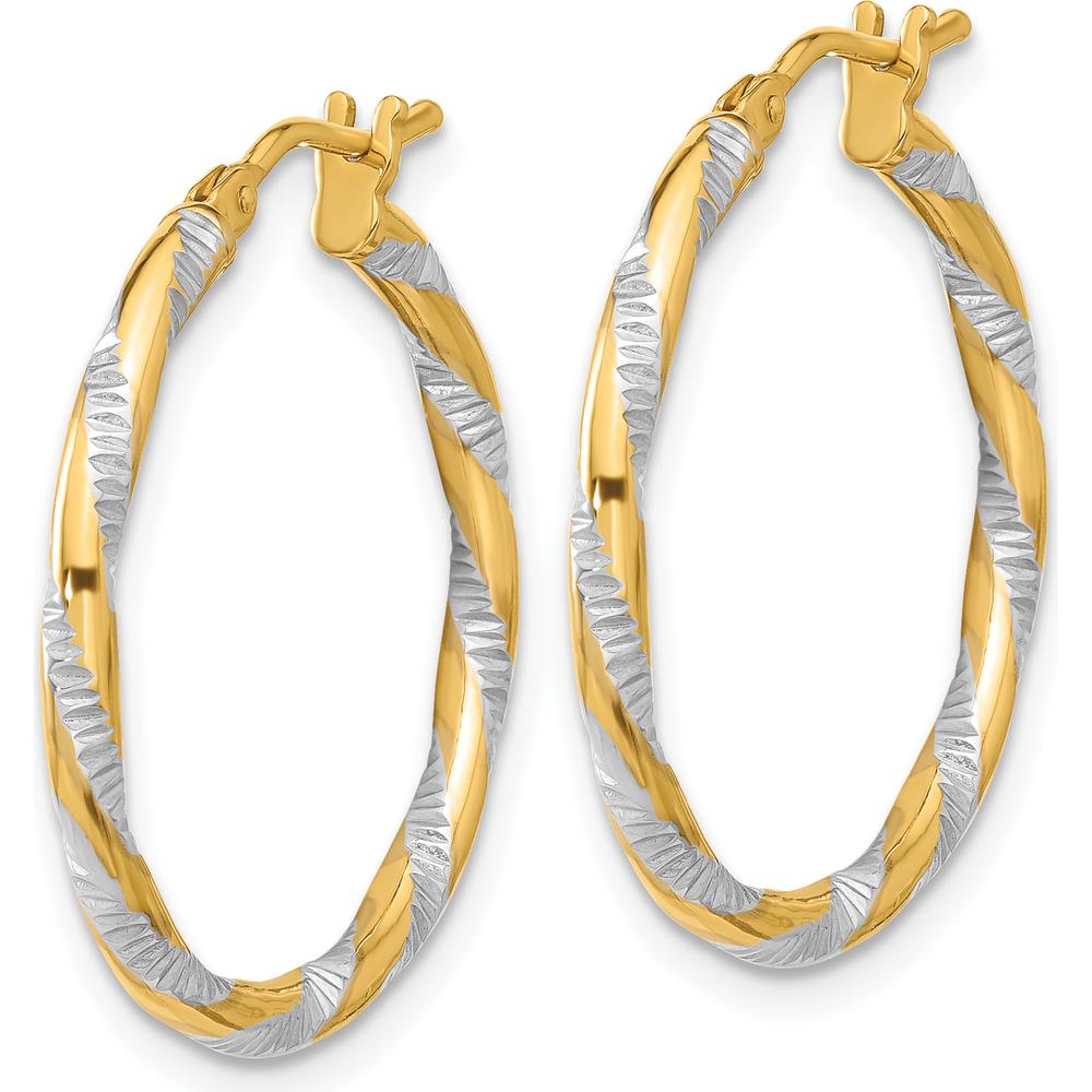 14K Yellow Gold and White Rhodium Polished Diamond-Cut Hoop Earrings - 23.8mm Length by 0