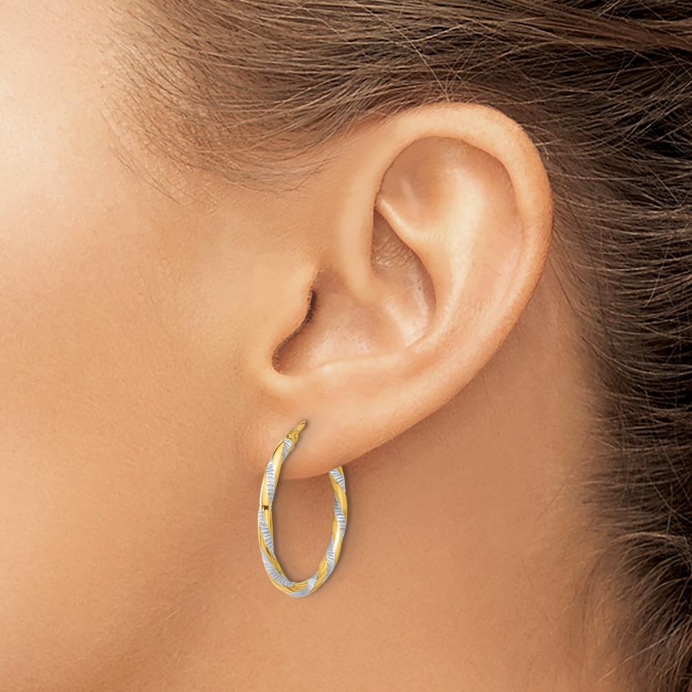 14K Yellow Gold and White Rhodium Polished Diamond-Cut Hoop Earrings - 23.8mm Length by 0