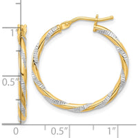 14K Yellow Gold and White Rhodium Polished Diamond-Cut Hoop Earrings - 23.8mm Length by 0
