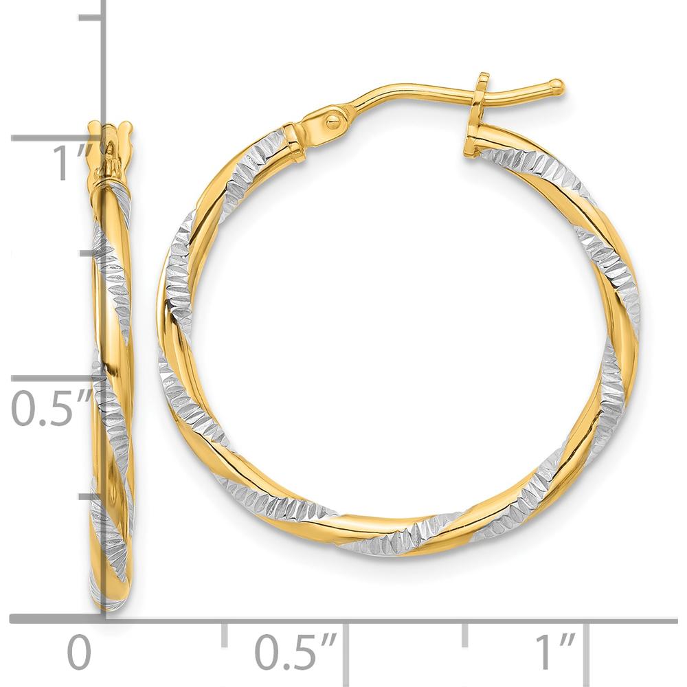 14K Yellow Gold and White Rhodium Polished Diamond-Cut Hoop Earrings - 23.8mm Length by 0