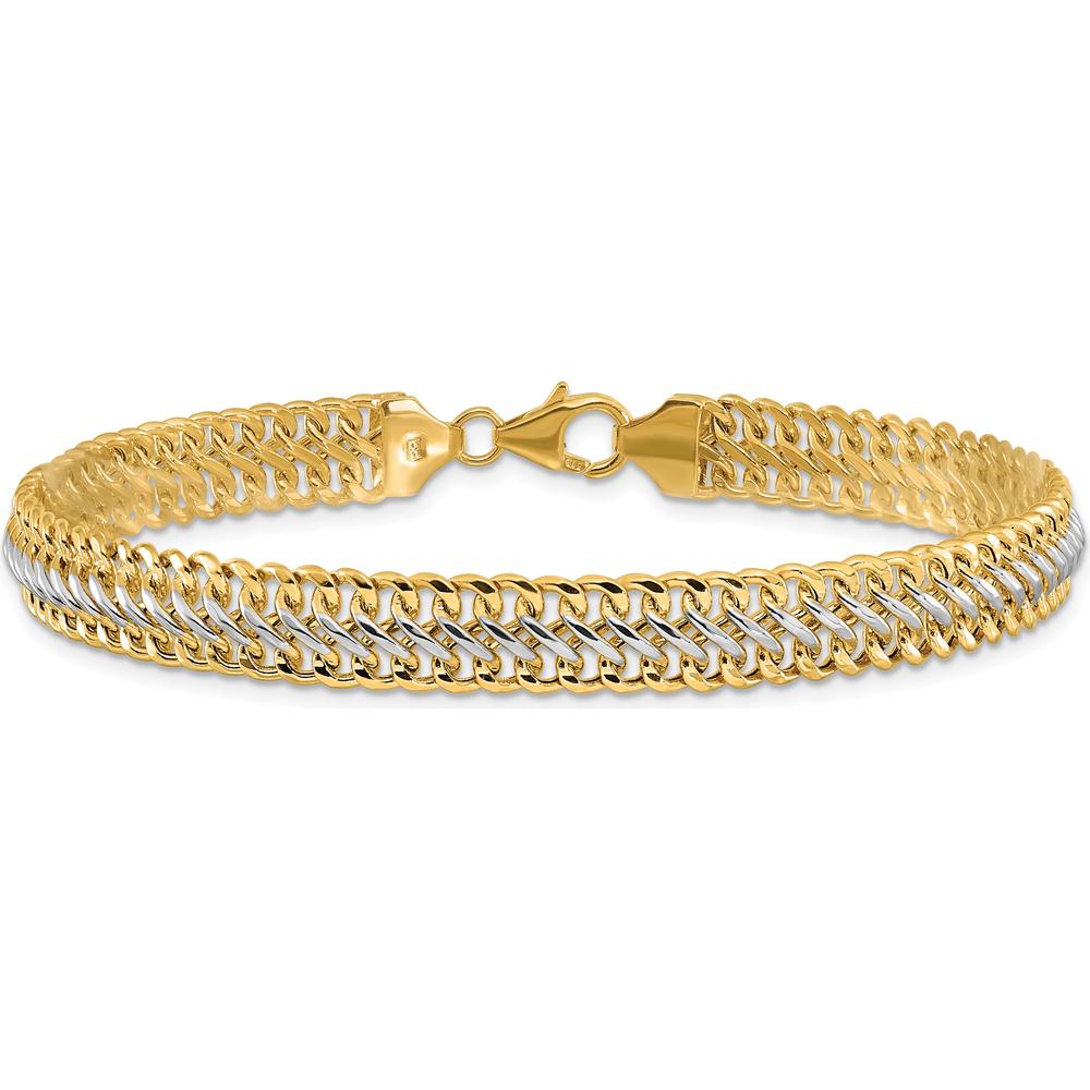 14K Yellow Gold and White Rhodium Polished Fancy Link Bracelet - 7.4mm Width, 8 Inch Length by Oro Pregiato