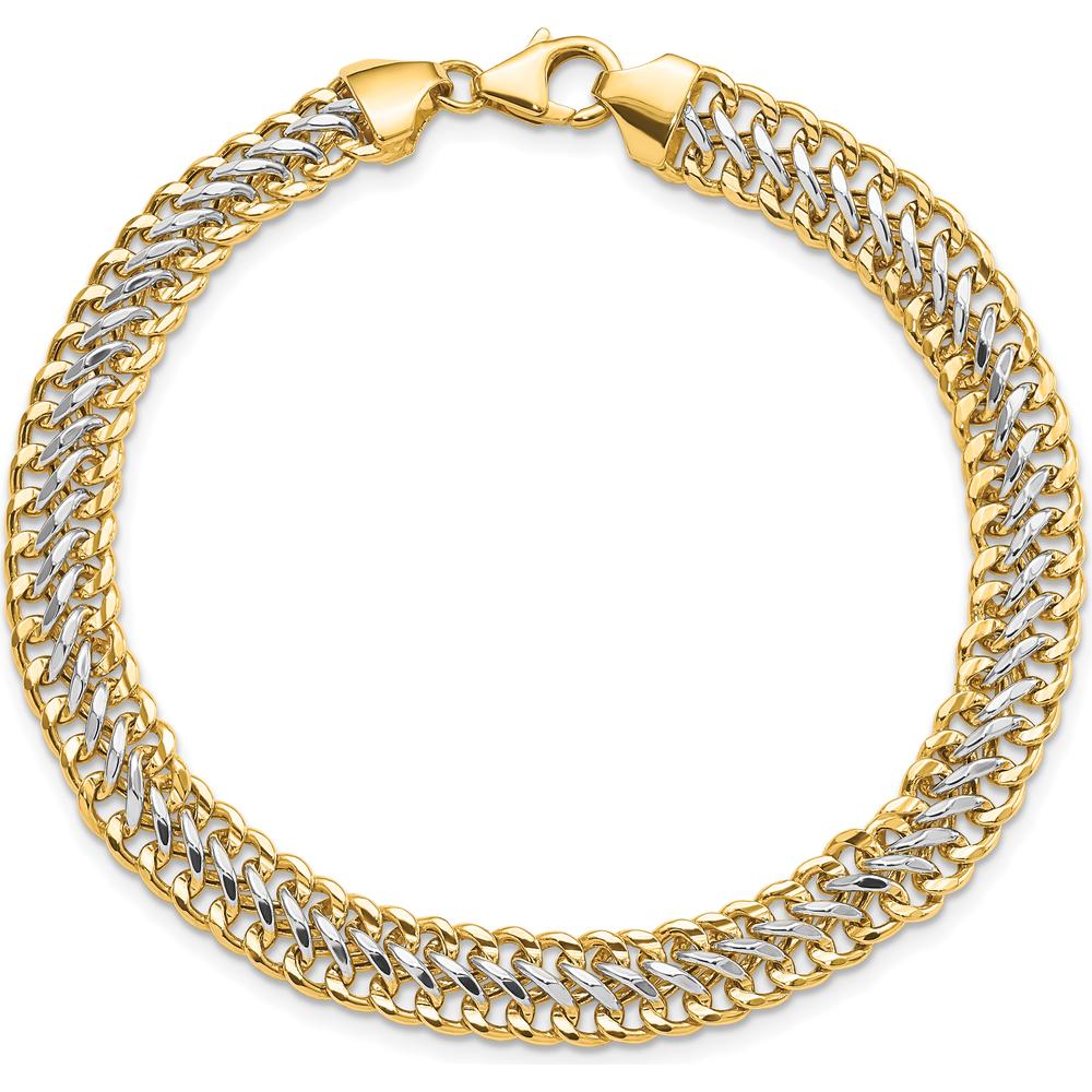 14K Yellow Gold and White Rhodium Polished Fancy Link Bracelet - 7.4mm Width, 8 Inch Length by Oro Pregiato