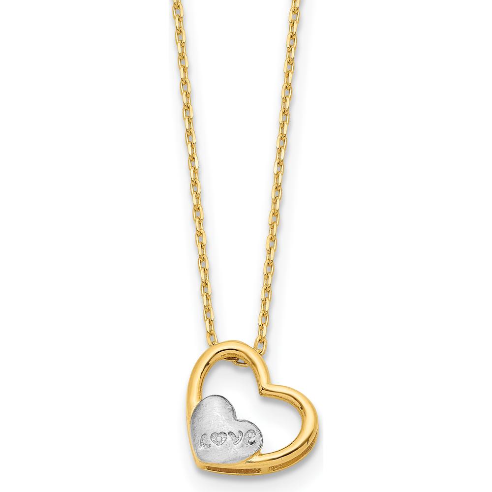 14K Yellow Gold and White Rhodium Polished Heart Necklace with Satin "LOVE" Pendant - 17" by 0