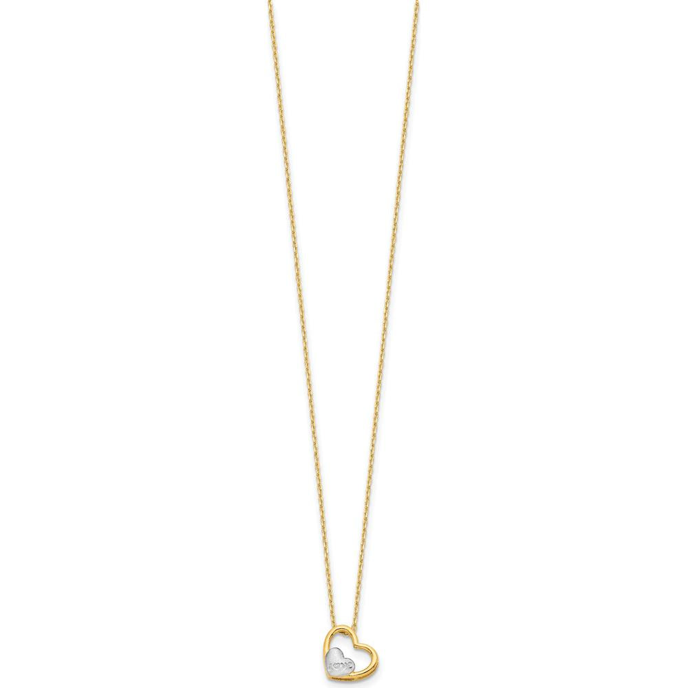 14K Yellow Gold and White Rhodium Polished Heart Necklace with Satin "LOVE" Pendant - 17" by 0