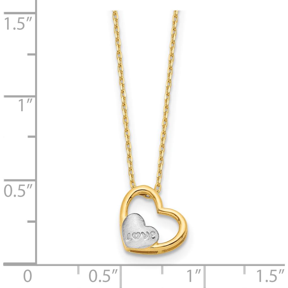 14K Yellow Gold and White Rhodium Polished Heart Necklace with Satin "LOVE" Pendant - 17" by 0
