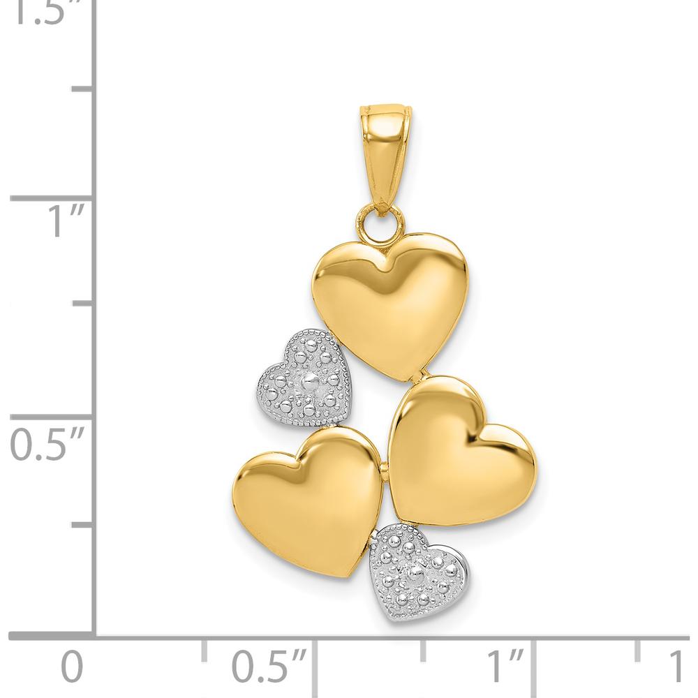 14K Yellow Gold and White Rhodium Polished Hearts Pendant with Textured Design by Oro Pregiato