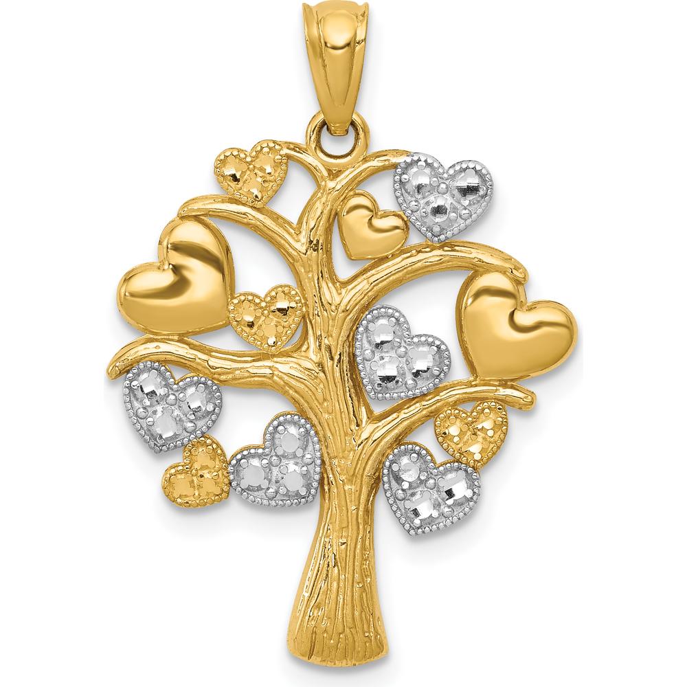 14K Yellow Gold and White Rhodium Polished Hearts Tree Pendant - 27.16mm Length by Oro Pregiato