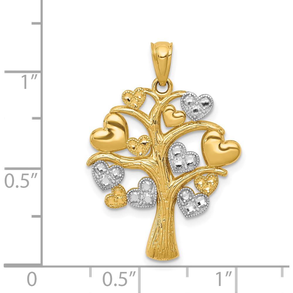 14K Yellow Gold and White Rhodium Polished Hearts Tree Pendant - 27.16mm Length by Oro Pregiato